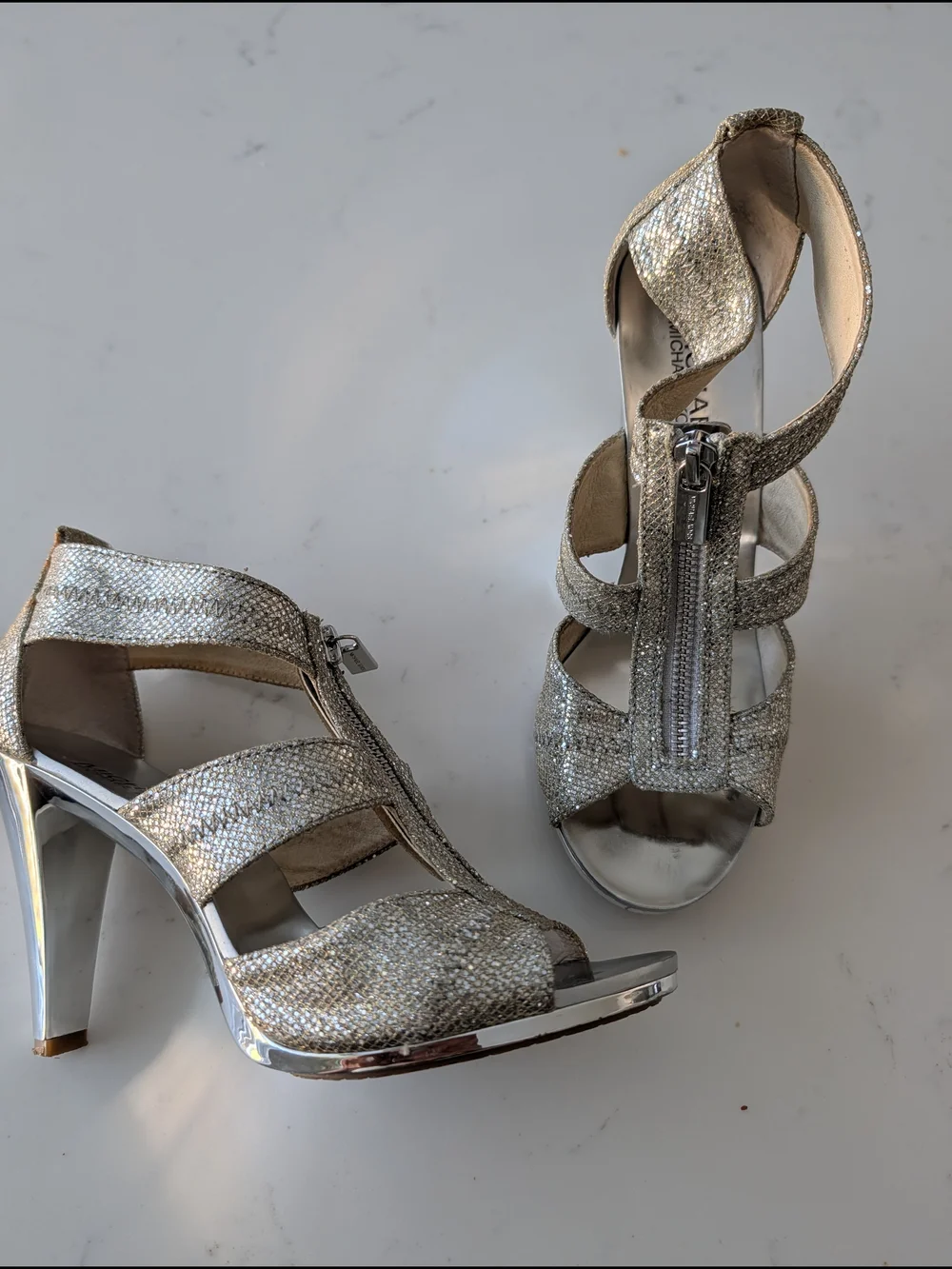 Silver And Gold Metallic Strappy High Heel Sandals - Picture 8 of 12